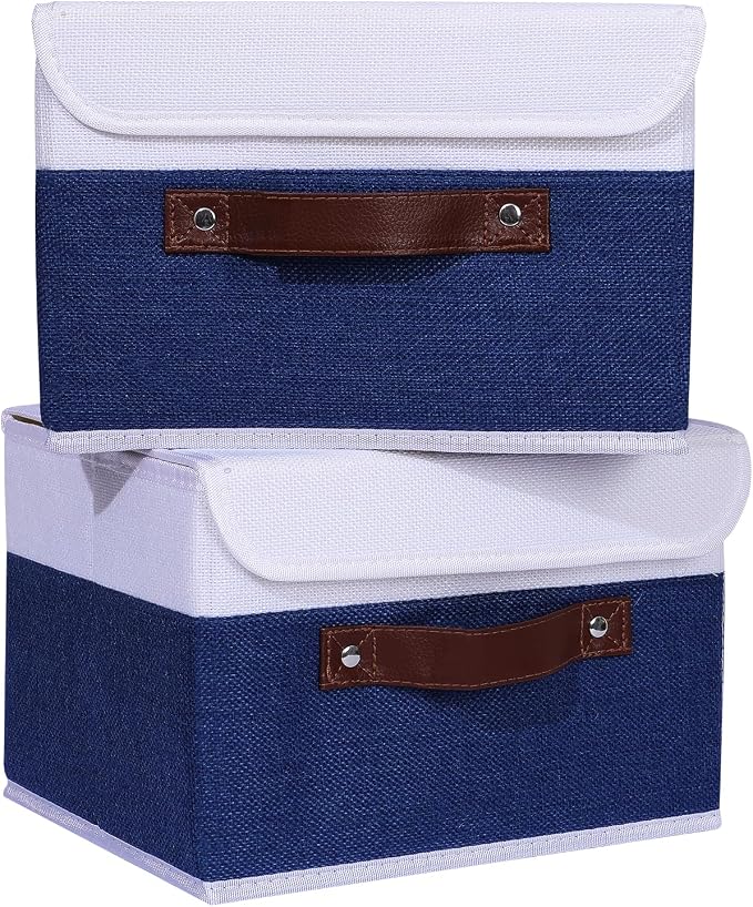 ANMINY Fabric Storage Box Bins with Lids, Blue White, 10"x8"x7", 4 Pack | Keepsake Memory Storage, Cotton Linen, PP Board Reinforced, Washable, PU Handles, Foldable & Stackable, Decorative, Small