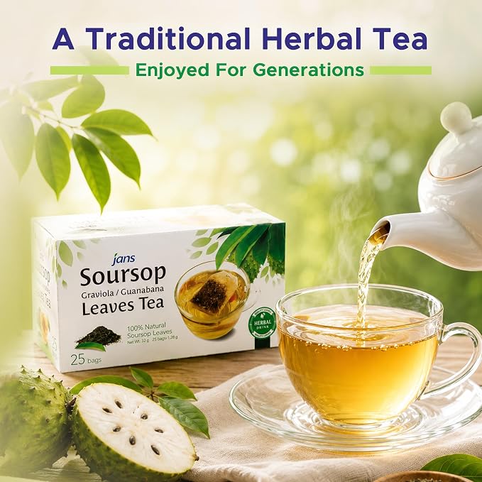 Jans Soursop Tea Bags 25 Count | 100% Natural Soursop Leaves | Caffeine Free Sour Sop Tea | Vegan Herbal Tea | Individually Wrapped Tea Bags | Cholesterol Free Sugar Free Relaxation Beverage