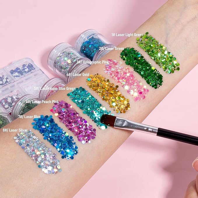 Chunky Body Glitter & Face Gems Set – Multi-Color Holographic Glitter, Flatback Pearls, Glue, Wax Pencil & Brush for DIY Festival Makeup, Halloween, Parties, Raves, Stage & Hair Decoration