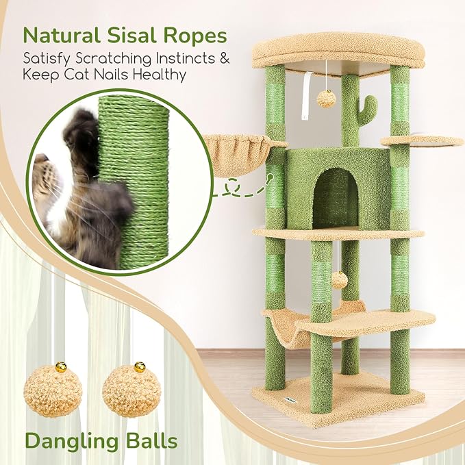 Globlazer Cactus Corner Cat Tree Tower with Scratching Post, C51, Green | 51in Space-Saving Multi-Level Green Cat Condo for Indoor Cats with Hammock, Large Top Perch for Large Cats, Cozy Cat Cave