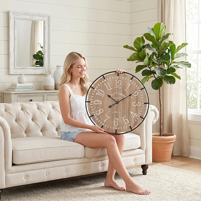 EMAX HOME 24 Inch Large Farmhouse Wall Clock - Rustic Antique Wood, Silent Battery Operated Clock for Office Kitchen Bedroom Living Room