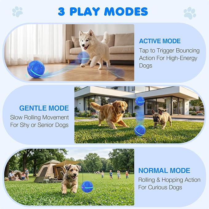 Interactive Dog Toys Ball – Automatic 3-Mode Active Rolling Balls (Blue) | Moving bouncing & rotating dog ball with colorful lights. Solid E-TPU material, IPX7 waterproof for medium & large dogs