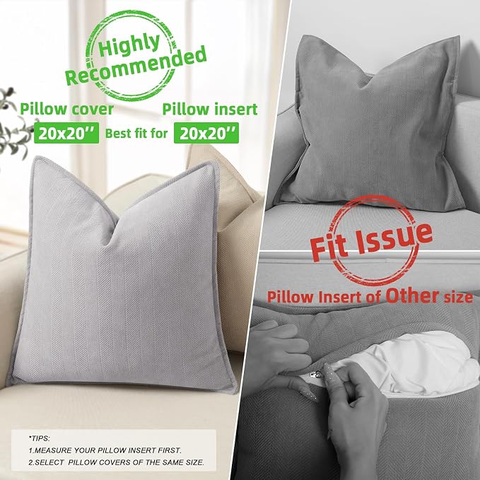 Light Gray Pillow Covers 20x20 Set of 2 Chenille Throw Pillow Covers with Elegant Design Soft and Luxurious Decorative Throw Pillows for Couch, Bed, and Home Decor