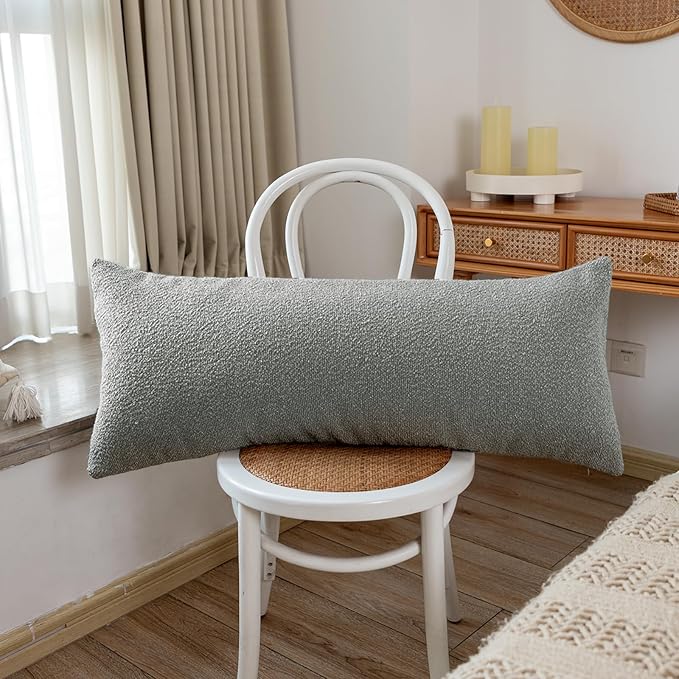 JoraLion 14x36 inch Boucle Lumbar Pillow Cover, Light Gray Woven Texture Neutral Long Pillow Cover Breathable Cushion Case for Couch Sofa Bed Living Room Home Decor (Cover Only)