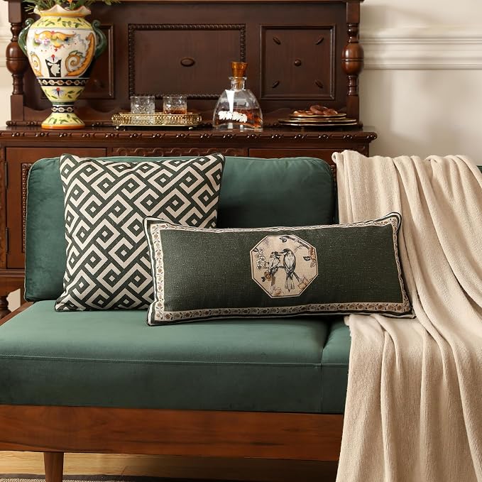 Vintage Linen Rectangle Throw Pillow Cover,Set of 2,28"x12"-Murad E | Designer French Green Pillow Cover,Concealed Zipper Design,Floral and Bird Pattern,Sofa,Bedroom,Living Room,Lounge Chairs