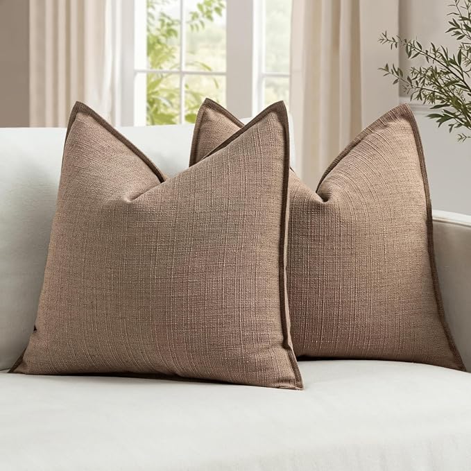 MIULEE Thick Textured Decorative Throw Pillow Covers 20x20 Inch Coco Brown | Set of 2, Linen Blend Pillow Cover, Flange Edge Design, Farmhouse Modern Boho Style, Bed Couch Living Room Decor