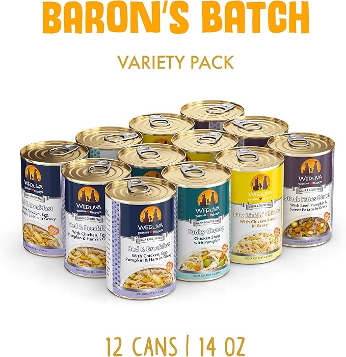 Weruva Classic Dog Food, Variety Pack, Baron's Batch, Wet Dog Food, 14oz Cans (Pack of 12)