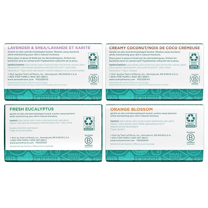 Tom's of Maine Bar Soap Variety Pack, Natural Bar Soap for Women and Men, Lavender & Shea, Fresh Eucalyptus, Creamy Coconut, Orange Blossom, 5 oz Bars (4-Pack)