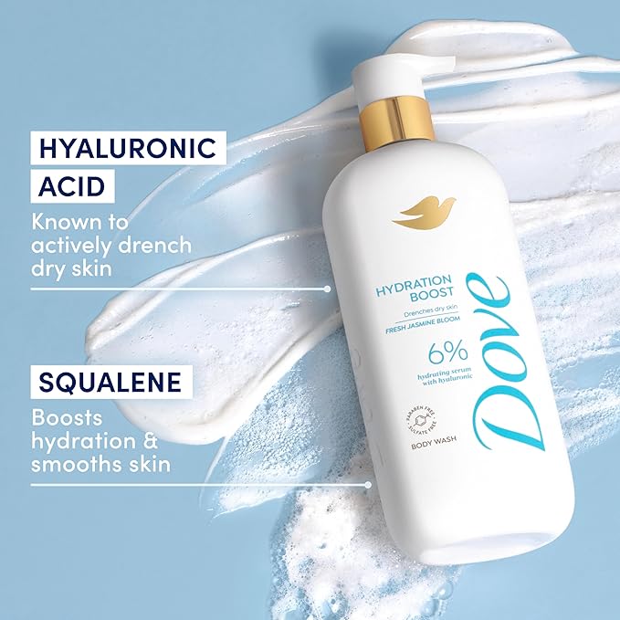 Dove Serum Body Wash Hydration Boost actively drenches dry skin with Hyaluronic Acid Serum 18.5 Fl Oz (Pack of 4)