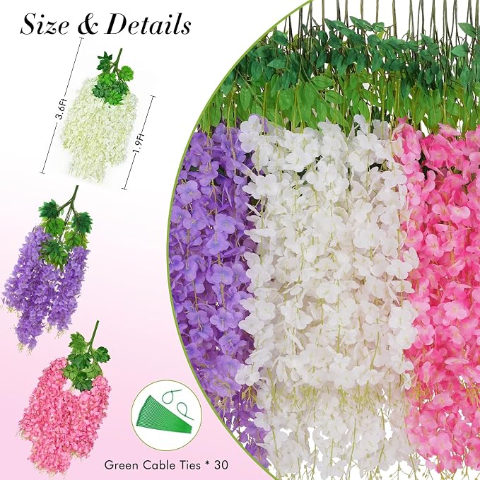 12 Pack Wisteria Hanging Flowers, 3.6 Feet White & Pink & Purple Wisteria Artificial Flowers, Hanging Flowers for Wedding Decoration, Vines for Bedroom Home Wall Decor