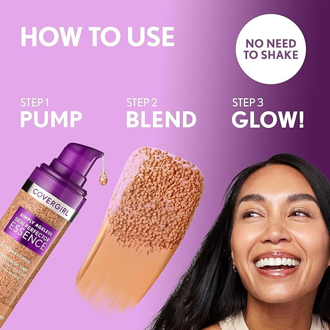 Covergirl Simply Ageless Skin Perfector Essence Foundation, 50 Medium-Tan, Tinted Skin Perfector, Skincare Makeup Hybrid with Blending Foundation Brush