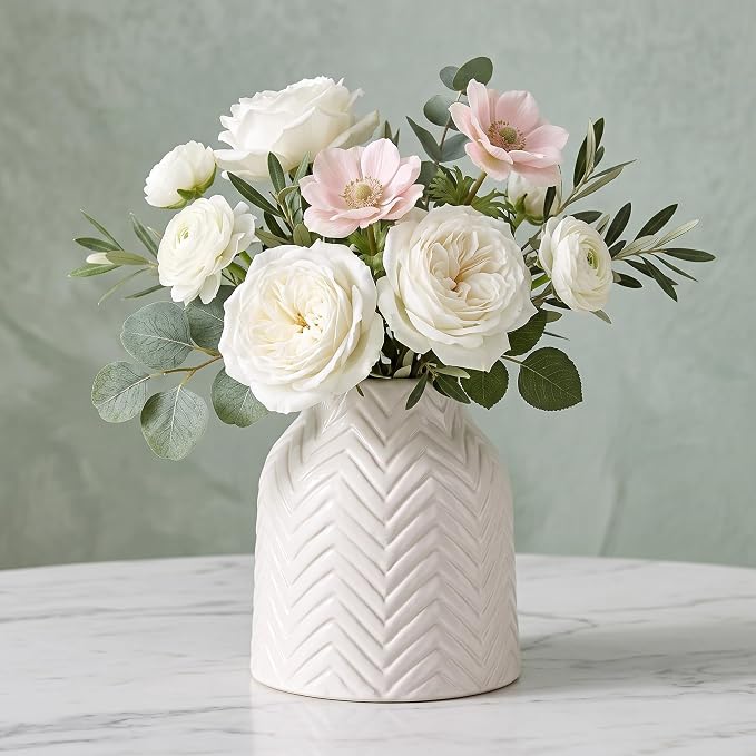 hjn White Vase for Flowers Ceramic Vase for Decor, Modern Decorative Vase, Vases for Your Kitchen/Office/Living Room/Bookshelf/Mantel - White Texture(Small)