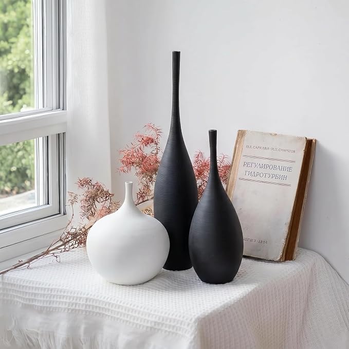Relexome Black and White Ceramic Vase Modern Wabi-Sabi Flower Vase Set of 3 Decorative Aesthetic Vases for Centerpieces Matte Minimalist Vases for Living Room Table Shelf Home Decor Gift