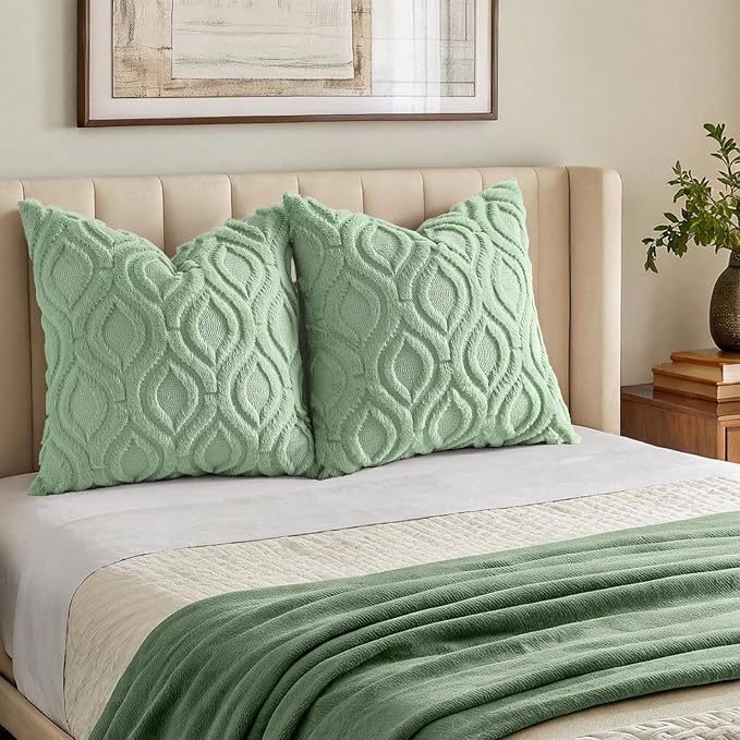 decorUhome Faux Fur Plush Sage Green Throw Pillow Covers 26x26 Set of 2 | Plush Solid Fall Couch Pillow Covers, Accent Modern Farmhouse Neutral Decorative Soft Pillow Cases for Sofa Bed Living Room