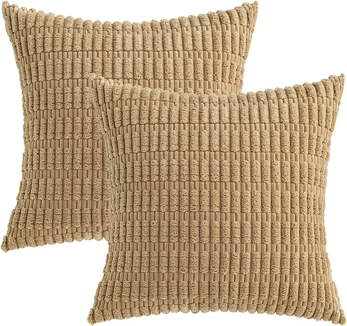 MIULEE Corduroy Decorative Throw Pillow Covers 20x20 Khaki Pack of 2 | Soft Boho Striped Pillow Covers Modern Farmhouse Fall Home Decor For Sofa Living Room Couch Bed