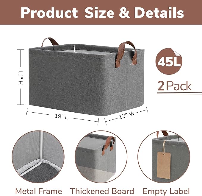 CHICVITA 45L Extra Large Storage Baskets for Shelves, 2-Pack, Grey | 19" L x 13" W x 11" H, Metal Frame, Clothes, Blankets, Toys & Household Essentials Storage, Closet & Living Room Organization