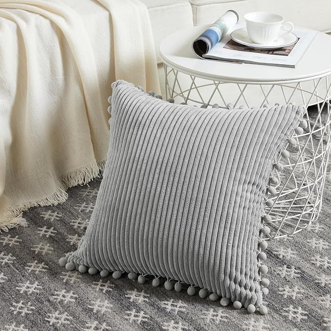 Fancy Homi 2 Packs Neutral Grey Decorative Throw Pillow Covers 18x18 Inch with Pom-poms for Couch Bed Sofa, Aesthetic Modern Organic Farmhouse Boho Home Decor, Soft Corduroy Cute Accent Cushion Case