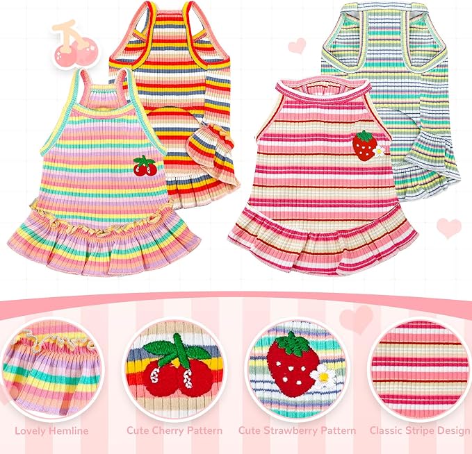 Cute Small Dog Dress Girl Female Dog Clothes Spring Summer Pet Puppy Cats Striped Dress Outfits for Shih Tzu Yorkies Chihuahua Maltese(4 Pcs,Small)