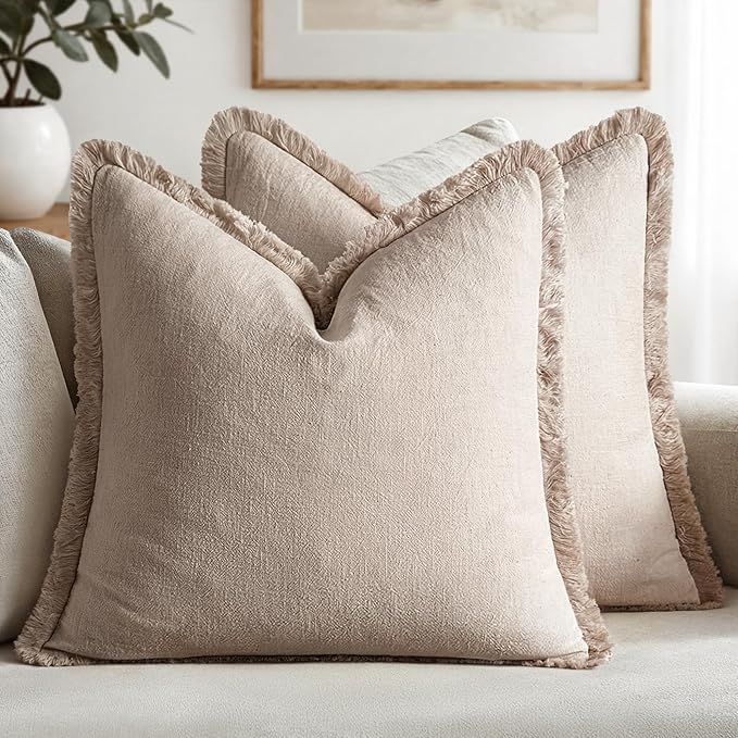 MIULEE Boho Natural Linen Fringe Decorative Throw Pillow Covers 20x20 | Set of 2, Cottagecore Decor, Boho Farmhouse Neutral Pillow Covers, Rustic Couch Cushion Cases for Sofa Bed Living Room