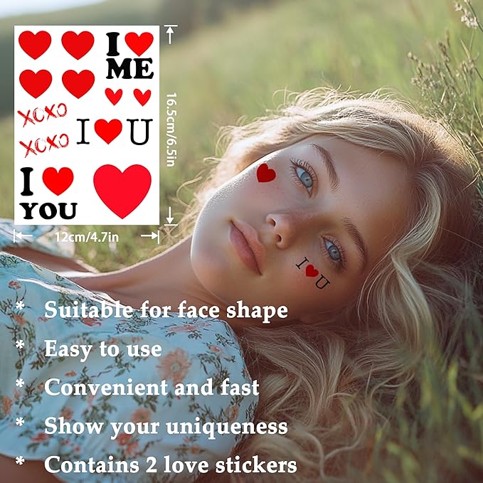 2pcs Makeup Stickers,Waterproof Face Love Heart Temporary Tattoo Stickers,Masquerade Stickers,Wedding Face Makeup Stickers for Women.