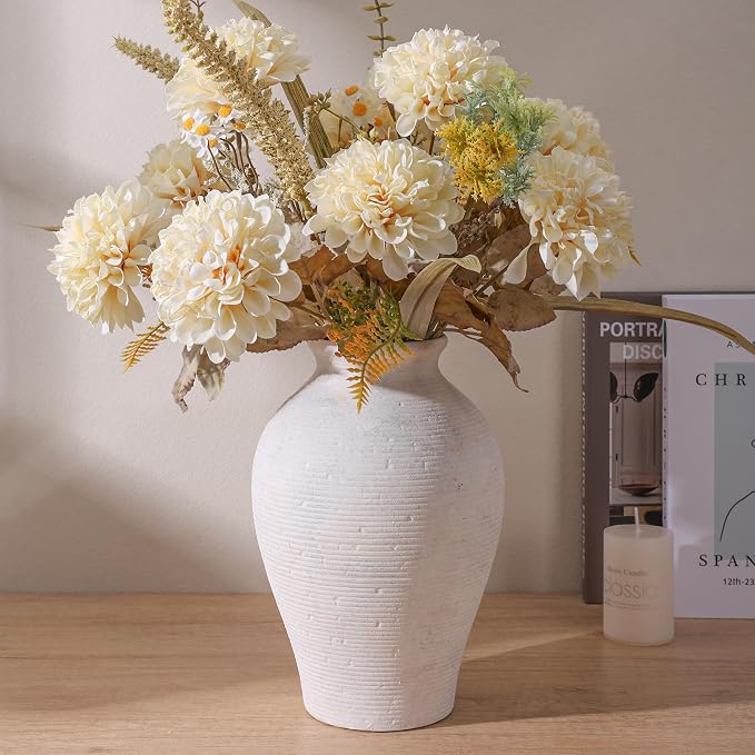 Ceramic Flower Vase Home Decor, 9 in Farmhouse Table Vase Rustic Vintage Living Room Kitchen Bedroom Pottery Decorative Vases for Flowers House Shelf Office Coffee Desk Dining Entryway Decor, White