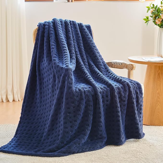 NEWCOSPLAY 3D Waffle Checkered Flannel Queen Blanket, Dark Navy, 90"x90" | Super Soft Cute Lightweight Decorative Premium Silky Fleece Blanket for Couch Sofa Bed, Gift for Women Men, All Season Use
