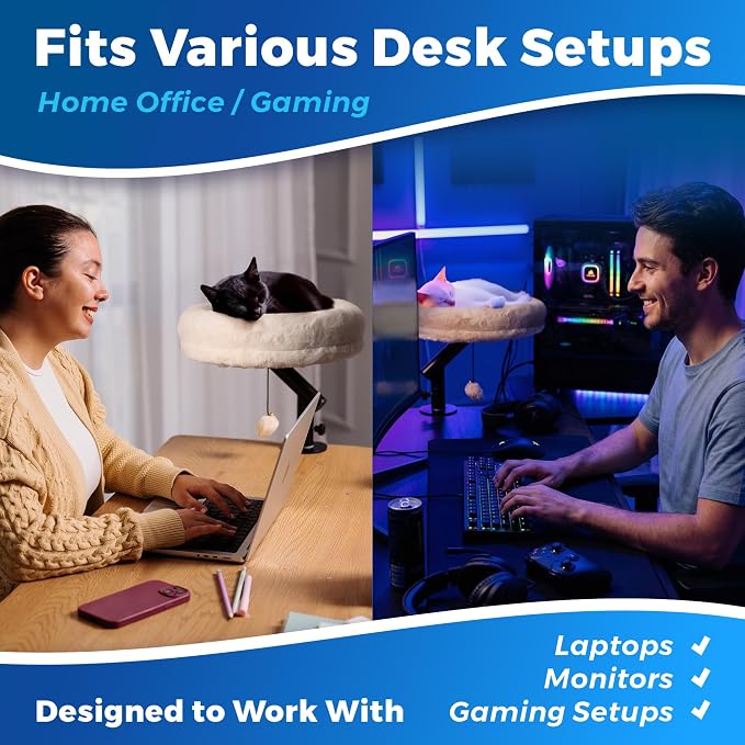 PetLovers Cat Desk Bed - Plush Elevated Desk Bed Attachment with Removable Washable Cushion, 360° Swivel Arm, Secure Clamp - Keeps Your Pet Close While You Work or Play