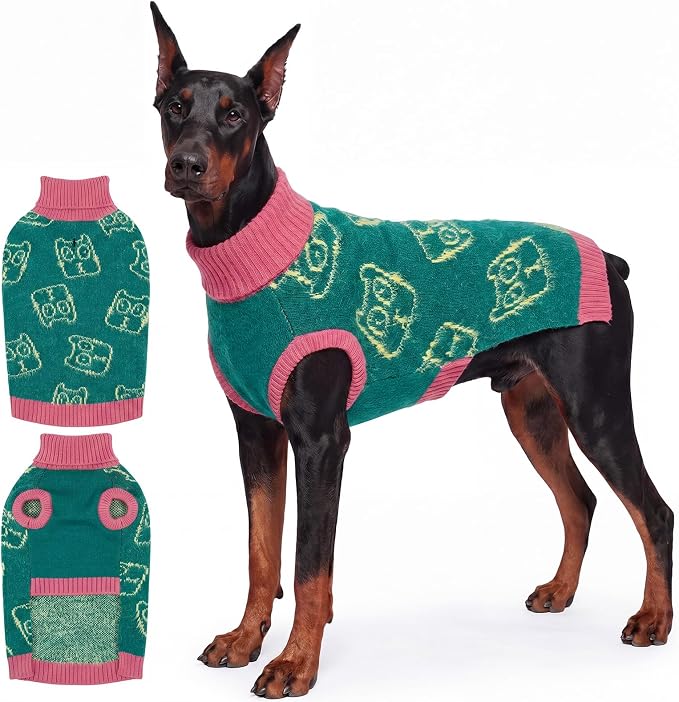 IDOMIK XL Dog Pullover Sweater, Cozy Sleeveless Dog Clothes for Winter,XL | Soft Stretch Knitted Dog Sweater with Foldable Turtleneck, Warm Pet Apparel for Large Breed Dogs, Cute Pattern Dog Outfit