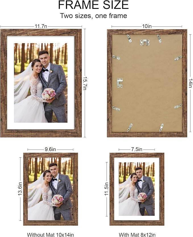 Hongkee 10x14 Picture Frame Set of 4, Made of Glass and Rustic Brown Wooden Frame, Display 8x12 Pictures with Mat or 30 x 40cm Diamond Painting Art without Mat for Wall Mounting, Gallery Photo Frames