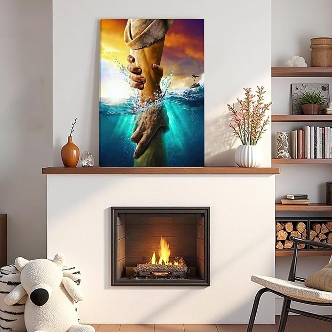 Framed Jesus Christ Canvas Wall Art The Hand of God Jesus Reaching Into Water Christian Painting Prints Biblical Wall Decor Religious Room Decor for Church Prayer Room Schools Hospitals 20"x30"