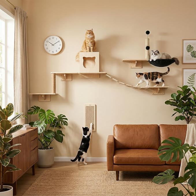Cat Wall Shelves, 8-Piece Modern Wall-Mounted Cat Furniture Includes House, Bridge, Steps, Scratcher, Perch & Lounge for Indoor Cats, Space-Saving Wall Mounted Cat Shelves for Play & Rest