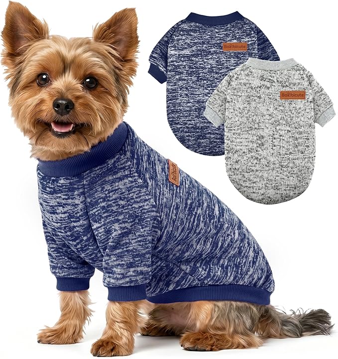 2 Pack Dog Sweaters for Small Dogs Girl Boy Winter Fleece Clothes Warm Soft Dog Sweatshirt Outfit for Dogs Cats Pet Apparel (Grey+Navy Blue, L (Back: 15.7",Chest: 19.6",14-18Ibs))