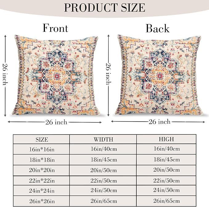 Boho Throw Pillow Covers 26x26 inch Set of 2,Boho Vintage Carpet Pattern Antique Ethnic Decor Double Sided Pattern Cushion Cover Soft Pillow Case Living Sofa Room Bed Square Pillow Cover