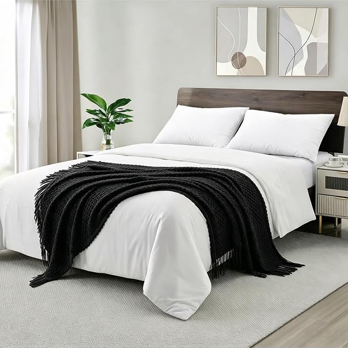 CREVENT Farmhouse Boho Knitted Throw Blanket for Couch Sofa Chair Bed Home Decoration, Soft Warm Cozy Light Weight for Spring Summer Fall (50''X60'' Black)