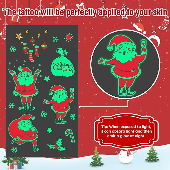 243PCS Christmas Tattoos for Kids, 12Sheets Christmas Party Favors, Luminious Xmas Tattoos Stocking Stuff, Xmas Stickers, Bulk Xmas Holiday Ugly Sweater Party Supplies Accessories Candy