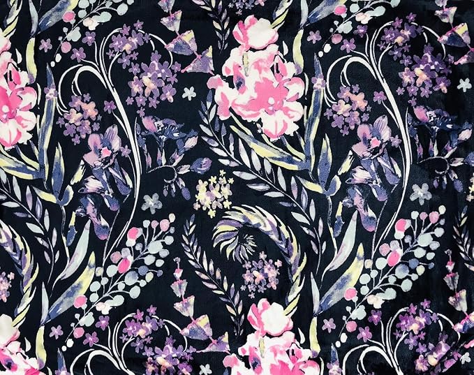 Floral Fleece Throw Blanket: Flowers Velvety Soft Vibrant Botanical Accent for Couch or Bed, Colors: Dark Navy Blue Pink Purple Yellow Green White, Oversized 50" x 70"