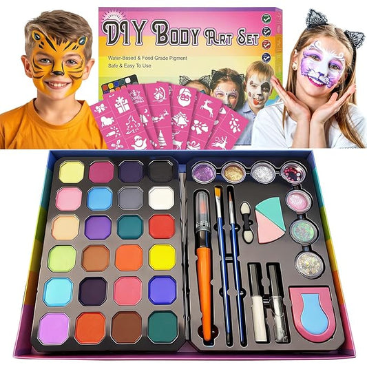 Face Painting Kit DIY Body Art Set - 24 Colors With Stencils Brushes and Hair Chalk - Professional Body Makeup Kit for Parties Birthdays Halloween