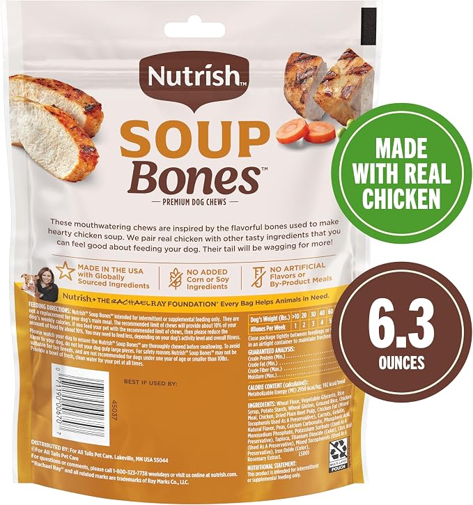 Nutrish Soup Bones Dog Chews, 6.3 oz. Bag, Pack of 8 (Rachael Ray) | Includes 24 Dog Chews, Real Chicken & Veggies Flavor, Rawhide-Free Treats, Easy on Gums, Resealable Bag