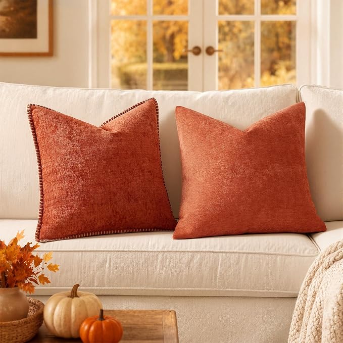 MIULEE Pack of 2 Burnt Orange Decorative Fall Pillow Covers 18x18 Inch | Soft Chenille Couch Autumn Throw Pillows Farmhouse Cushion Covers for Home Decor Sofa Bedroom Living Room