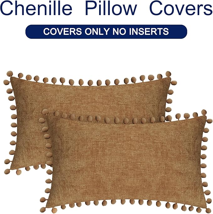 CaliTime Decorative Couch Throw Pillow Covers 20 X 12 Inches Apricot Brown | Pack of 2, Cozy Chenille Cushion Cases, with Pom Poms for Sofa Bed Living Room Farmhouse Home