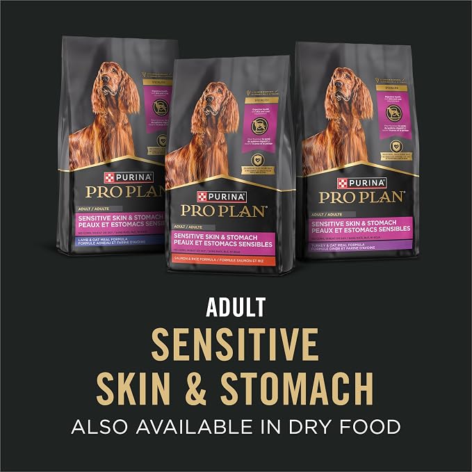 Purina Pro Plan Sensitive Skin & Stomach Wet Dog Food Variety, (12) 13 oz | Classic Pate Salmon & Rice Entree and Lamb & Oat Meal Entree Variety Pack, digestible dog food with natural prebiotic fiber