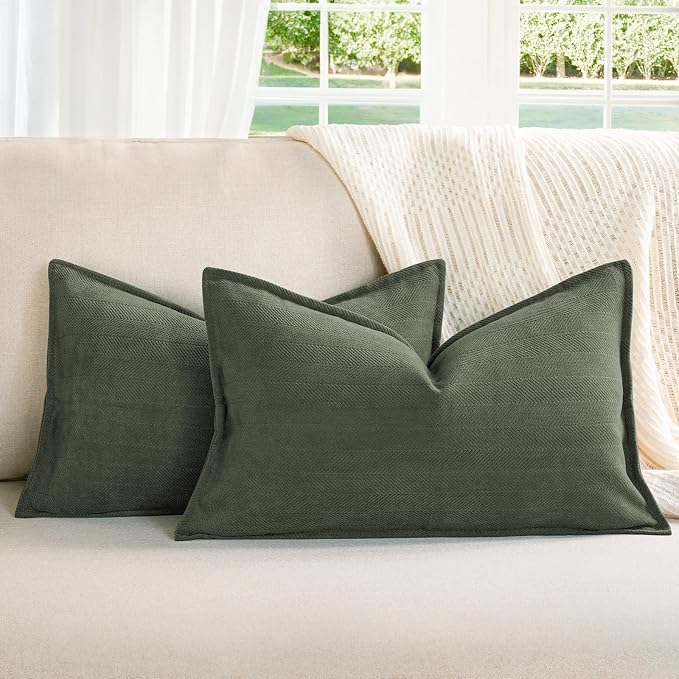 Army Green Christmas Pillow Covers 12x20 Set of 2 Chenille Throw Pillow Covers with Elegant Design Soft and Luxurious Decorative Pillows for Couch, Bed, Home Decor