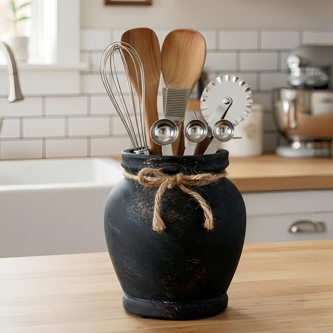 Lvases 6.5in Black Ceramic Vase Distressed Matte Modern Farmhouse Decor | Handcrafted distressed black ceramic vase with jute rope bow, small table centerpiece for living room kitchen and dining