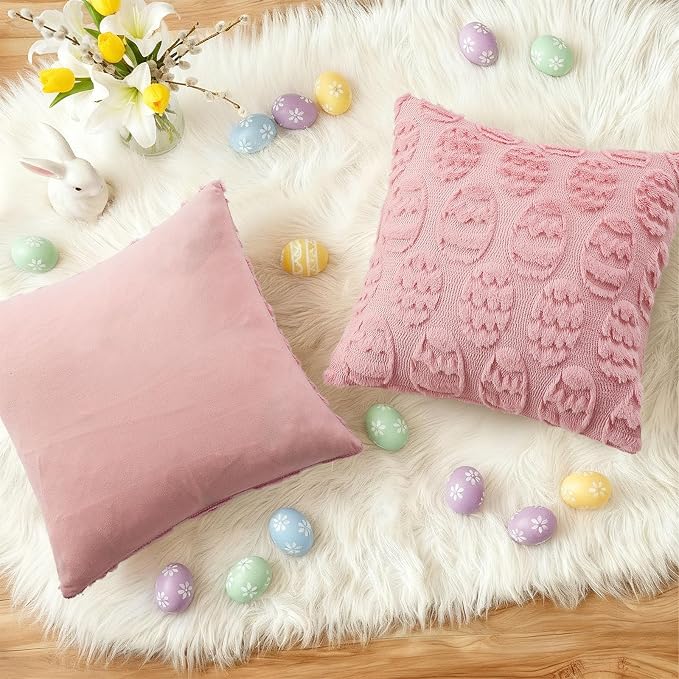 decorUhome Pink Faux Fur Egg Throw Pillow Covers 16x16 Set of 2 | Plush Soft Wool Jacquard Pink Cushion Covers, Modern Farmhouse Neutral Easter Holiday Decor Pillow Covers for Couch Sofa Bed