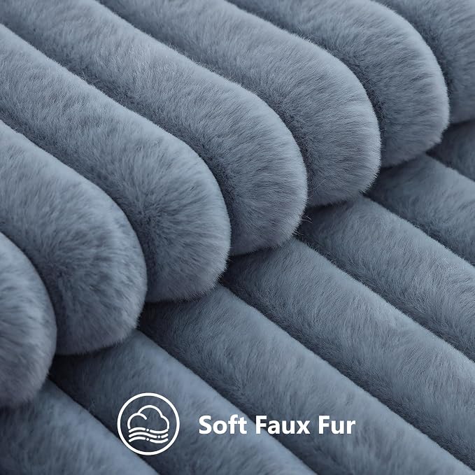 decorUhome Fall Faux Fur Throw Pillow Covers 24x24 Set of 2 Grey Blue | Decorative Soft Cozy Striped Plush Modern Farmhouse Boho Couch Pillow Cases Velvet Back for Sofa Bed Living Room Home Decor