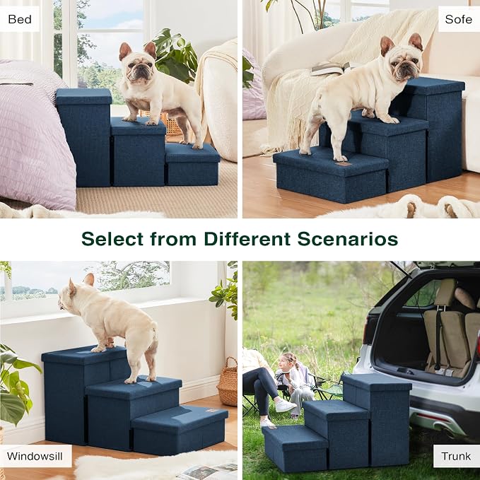 Love's cabin Dog Stairs for High Bed, Foldable Pet Stairs for Small Medium or Large Dogs Puppy with Storage for Bed or Couch, Cat Dog Steps Ramp with Zip up to 200 lbs, Navy Blue, 3 Steps