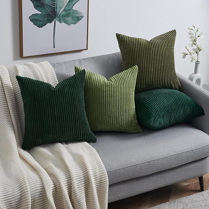 Topfinel Christmas Decorative Throw Pillow Covers Green Series,Winter Fluffy Corduroy Striped Euro Pillows Shams for Couch Bed Bedroom,Western Modern Hunter Green Pillowcase 24x24 Inch Set of 4