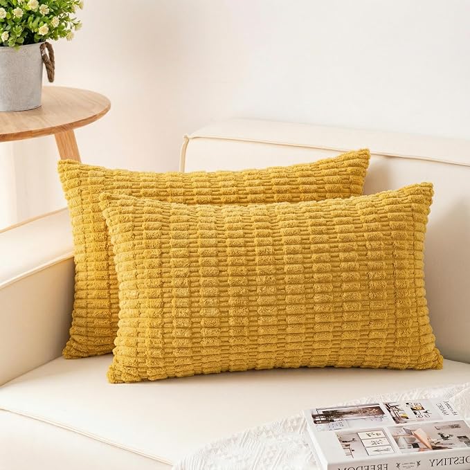 Aegero Pack of 2 Corduroy Decorative Throw Pillow Covers 12x20 Inch, Yellow | Fall Soft Striped Pillow Covers Modern Farmhouse Home Decor Christmas Throw Pillow Covers for Sofa Living Room Couch Bed