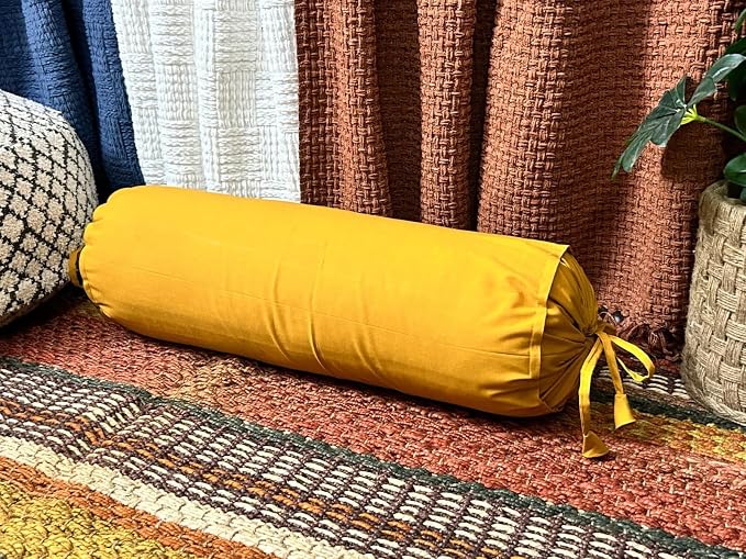 Round Pillow Cover Cervical Neck Roll Cotton Bolster Pillowcase for Cylindrical Cushion and Drawstring Closure Round Neck Pillowcase 6" x 18" (15 x 45 cm) Mustard