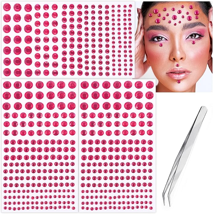 591pcs Face Gems Hair Gems Pearls, Self-Adhesive Face Jewels Eye Rhinestones 3/4/5/6/8 mm Face Gem Stick on, Halloween Makeup Gems Rave Accessories for Face Eyes Body Makeup (01.Rose red)